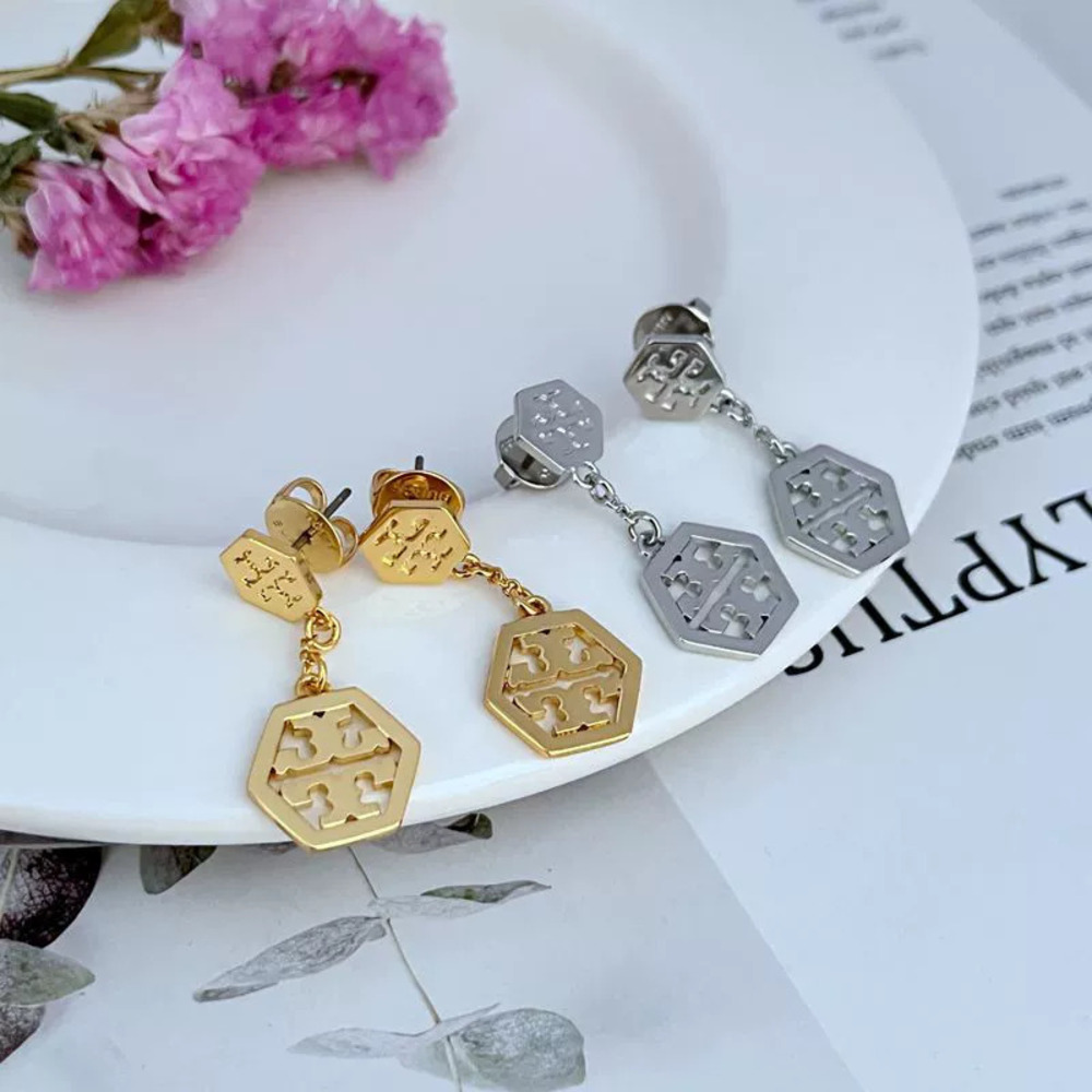 Tory Burch Hexagonal Metal Hollow Letter Earrings